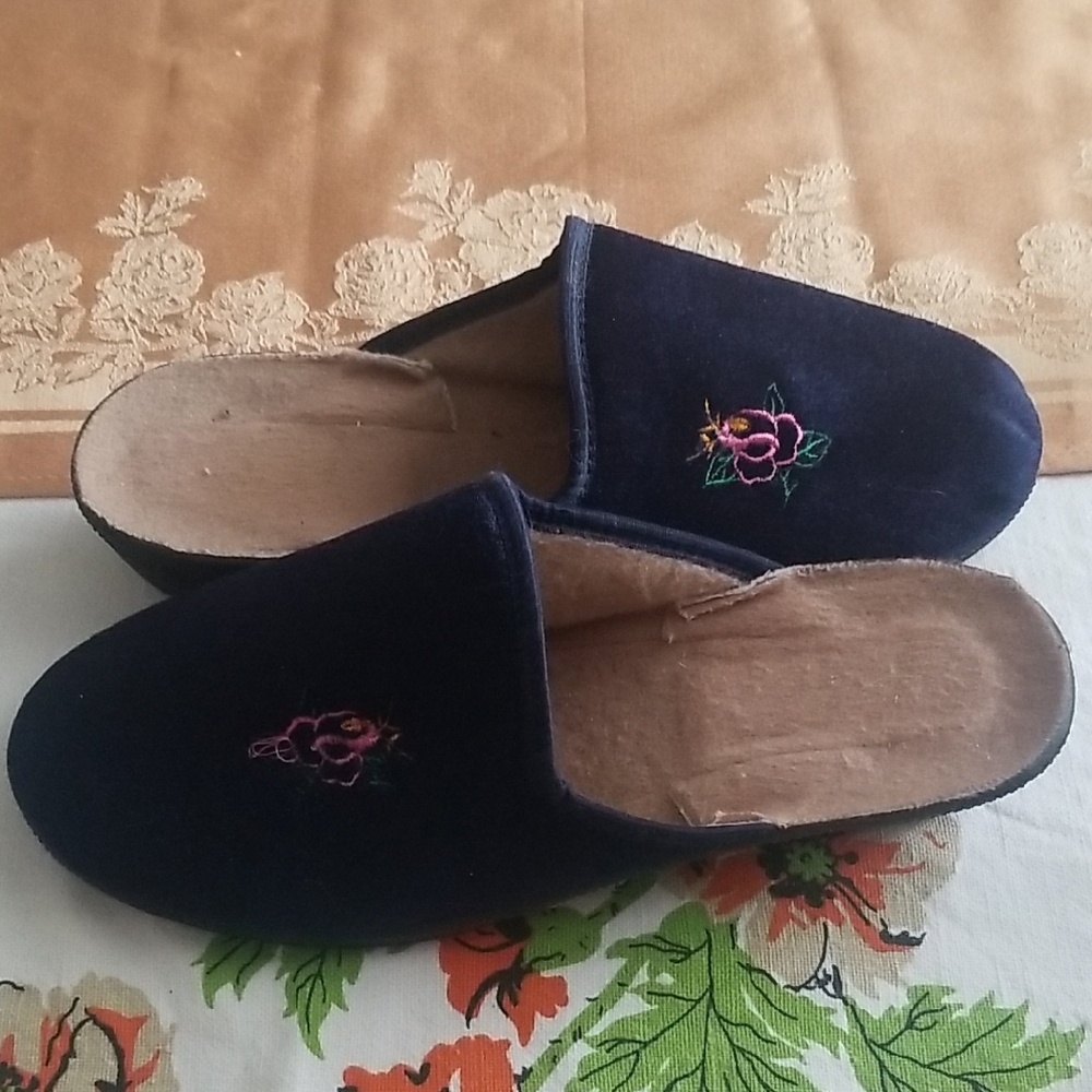 Floral Embroidered Women's Slippers - Dark Blue Sz 41